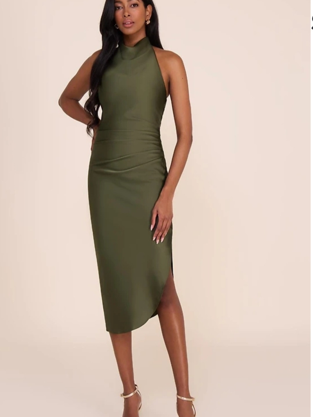 le chateau Olive High-Neck Halter Midi Dress